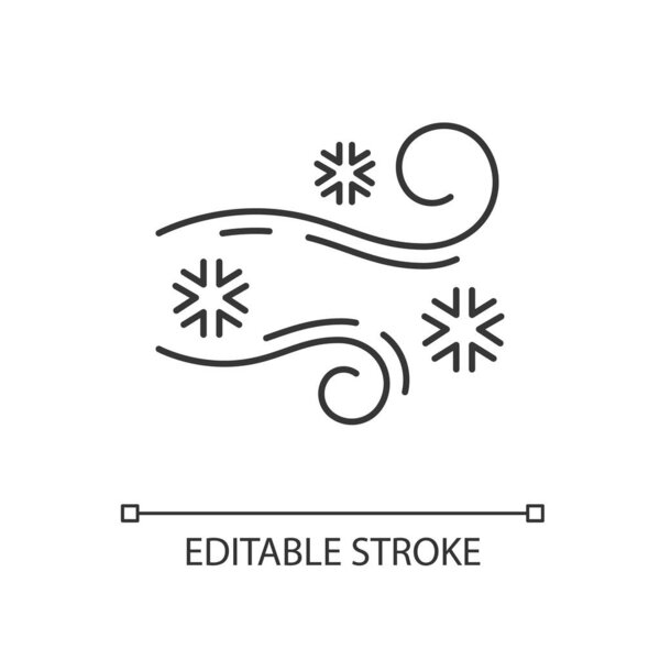 Blowing snow pixel perfect linear icon. Windy weather forecast thin line customizable illustration. Contour symbol. Cold wind with snowflakes vector isolated outline drawing. Editable stroke