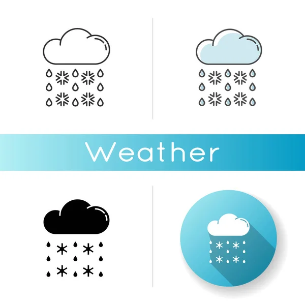 雨雪图标 线性黑色和Rgb颜色风格 冬季天气预报 气象学 大气降水 带雪花和雨滴的云 孤立的病媒图解 — 图库矢量图片