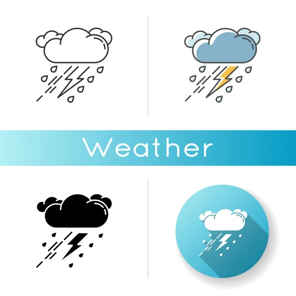 Åskstormsikon Linjär Svart Och Rgb Färgstilar Dåligt Väder Meteo Prognos — Stock vektor