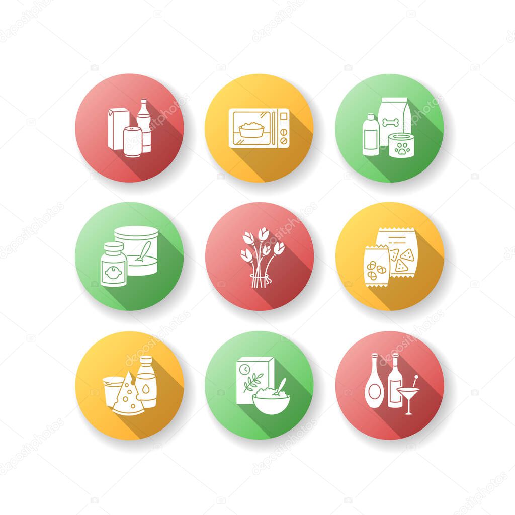 Grocery sections flat design long shadow glyph icons set. Beverages in packages. Microwave food. Pet care products. Baby food. Flower bouquet. Dairy products. Silhouette RGB color illustration
