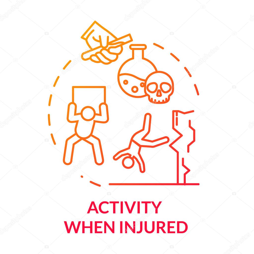 Activity when injured, dangerous work and sport concept icon. Unsafe working conditions, suicide, adversity thin line illustration. Vector isolated outline RGB color drawing