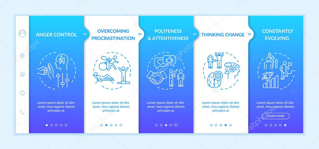 Mindset change onboarding vector template. Constantly evolving. Overcome procrastination. Anger control. Responsive mobile website with icons. Webpage walkthrough step screens. RGB color concept