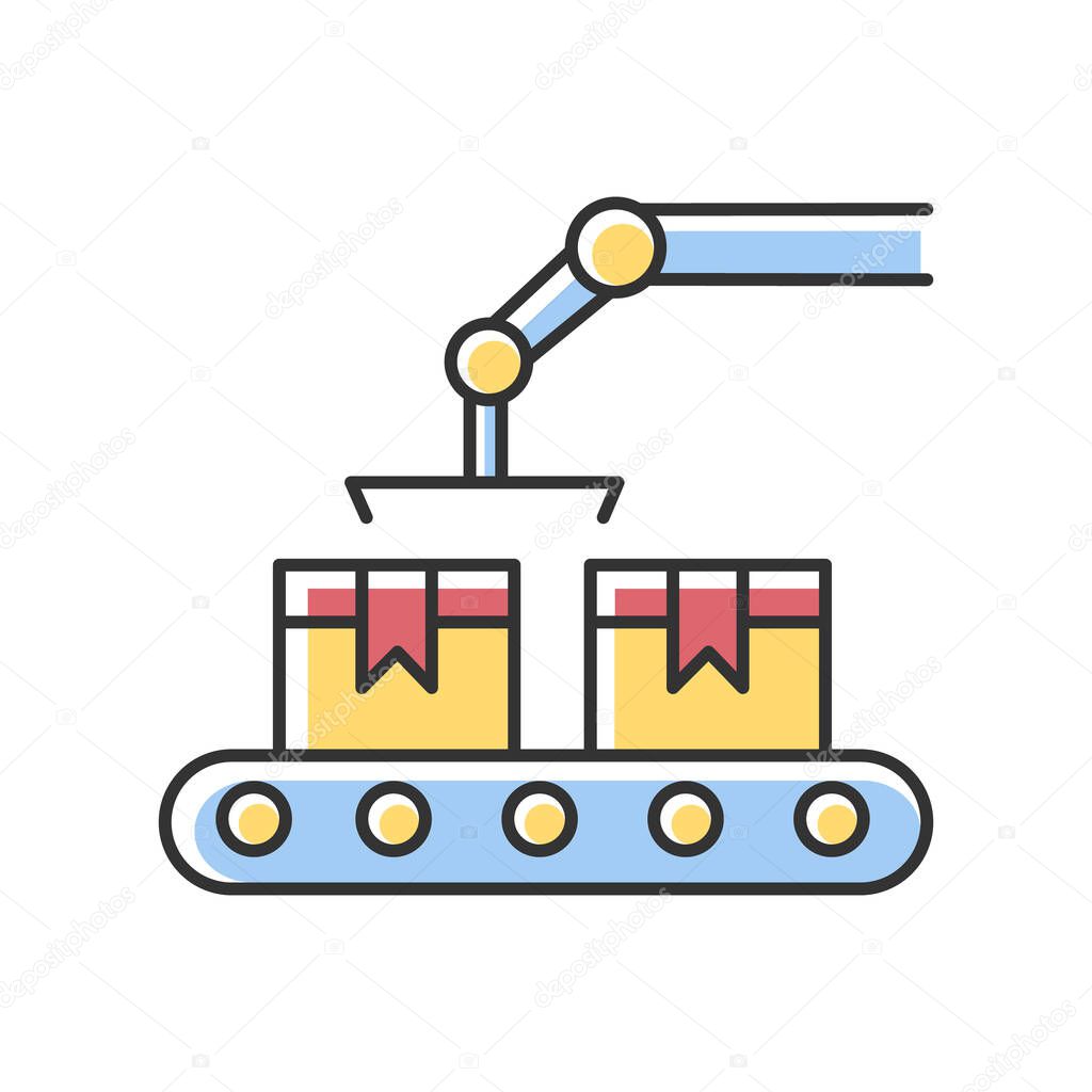 Production RGB color icon. Conveyor belt with cardboard boxes. Automated factory packaging. Manufacture process. Assembly operation with containers. Logistic in warehouse. Isolated vector illustration