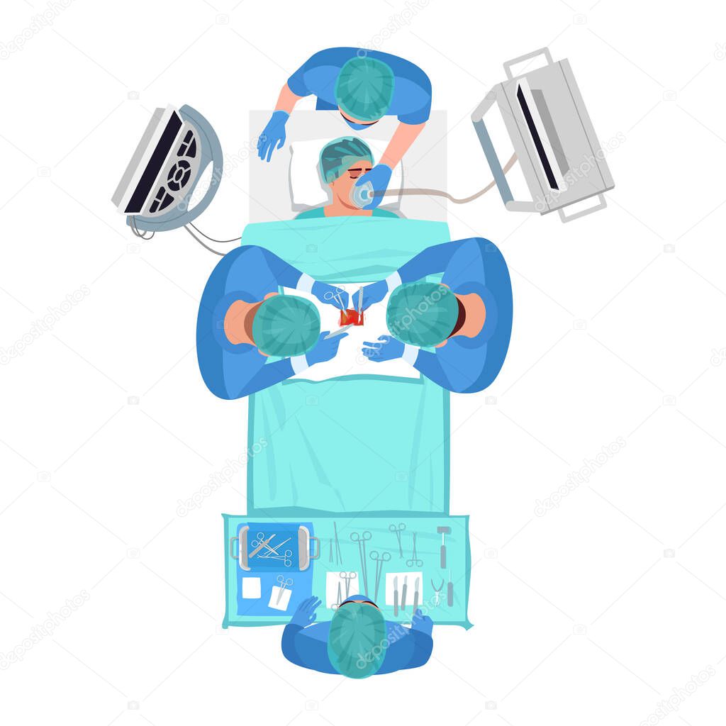 Surgical procedure semi flat RGB color vector illustration. Medical treatment with anaesthesia. Nurse help surgeon. Doctor and patient isolated cartoon characters top view on white background