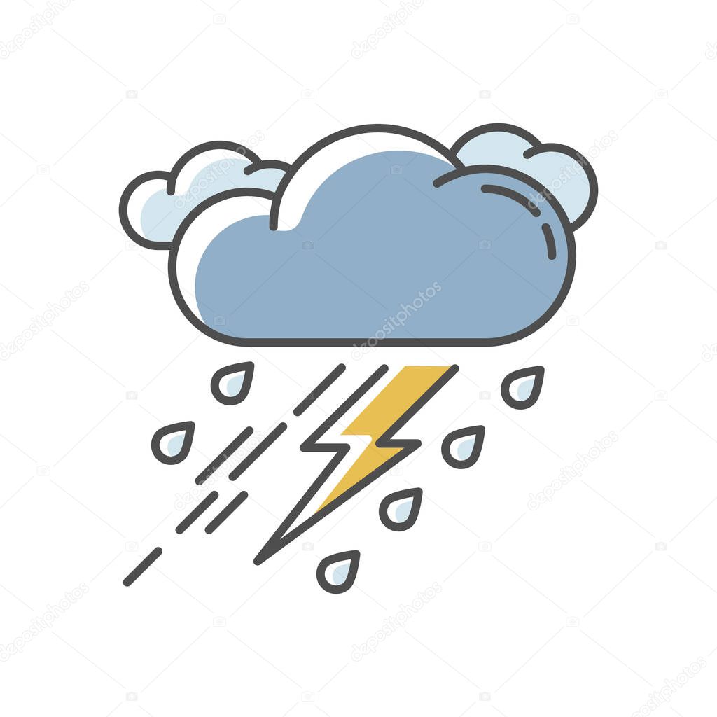 Thunderstorm RGB color icon. Bad weather, meteo forecast. Strong atmospheric precipitation, rainstorm. Raining cloud with lightning isolated vector illustration