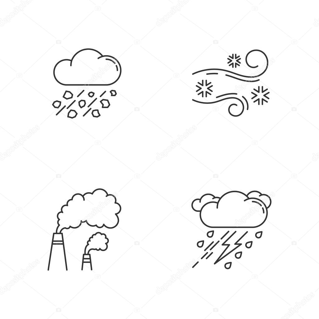 Bad weather forecast pixel perfect linear icons set. Meteorology, atmosphere condition prediction customizable thin line contour symbols. Isolated vector outline illustrations. Editable stroke