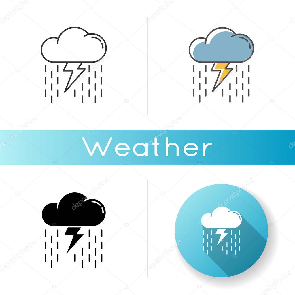 Heavy showers icon. Linear black and RGB color styles. Weather prediction, meteo forecast. Strong rainstorm, cloudburst. Raining thundercloud with lightning bolt isolated vector illustrations