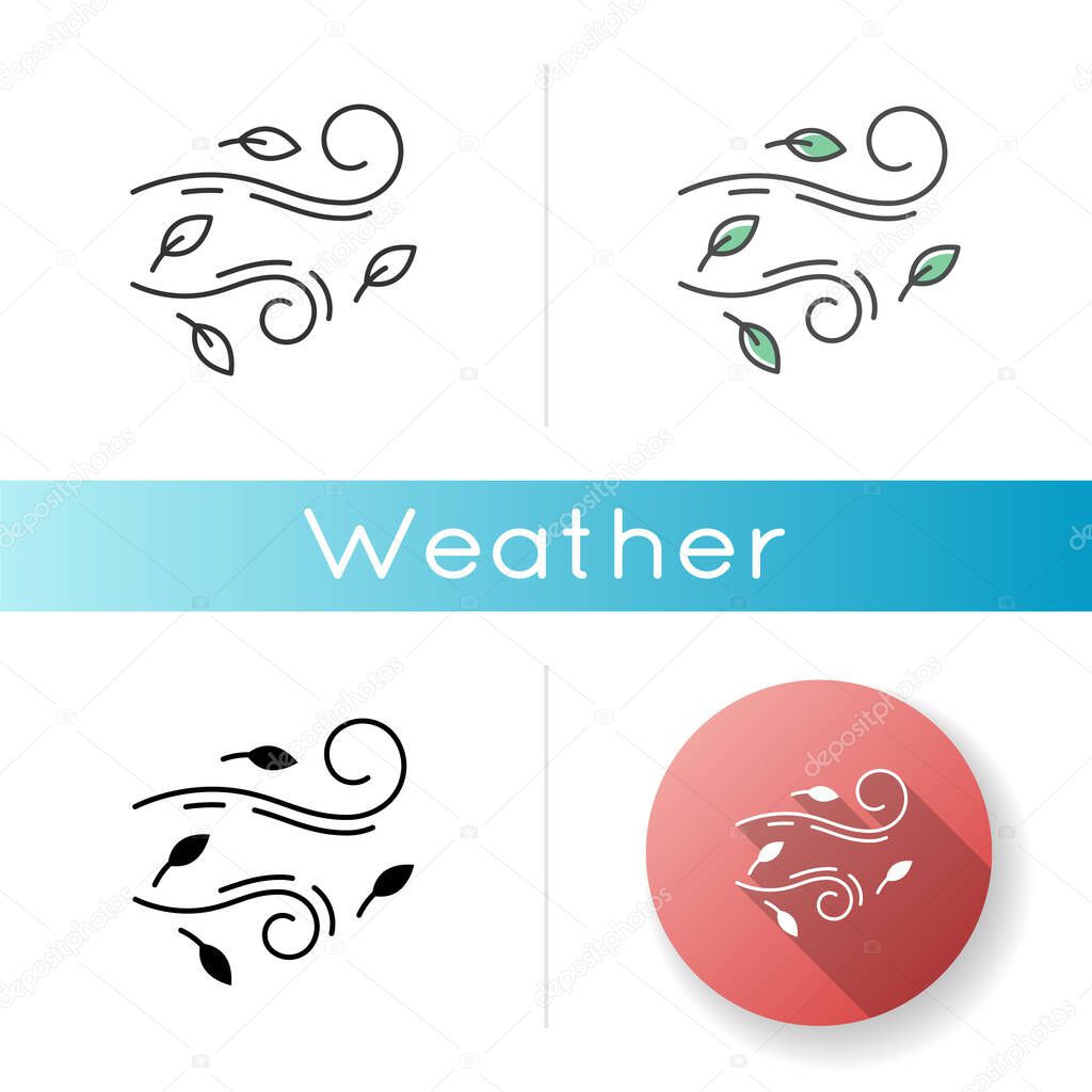 Windy weather icon. Linear black and RGB color styles. Autumn season meteo forecast, meteorology. Wind speed and strength prediction. Cool breeze with leaves isolated vector illustrations