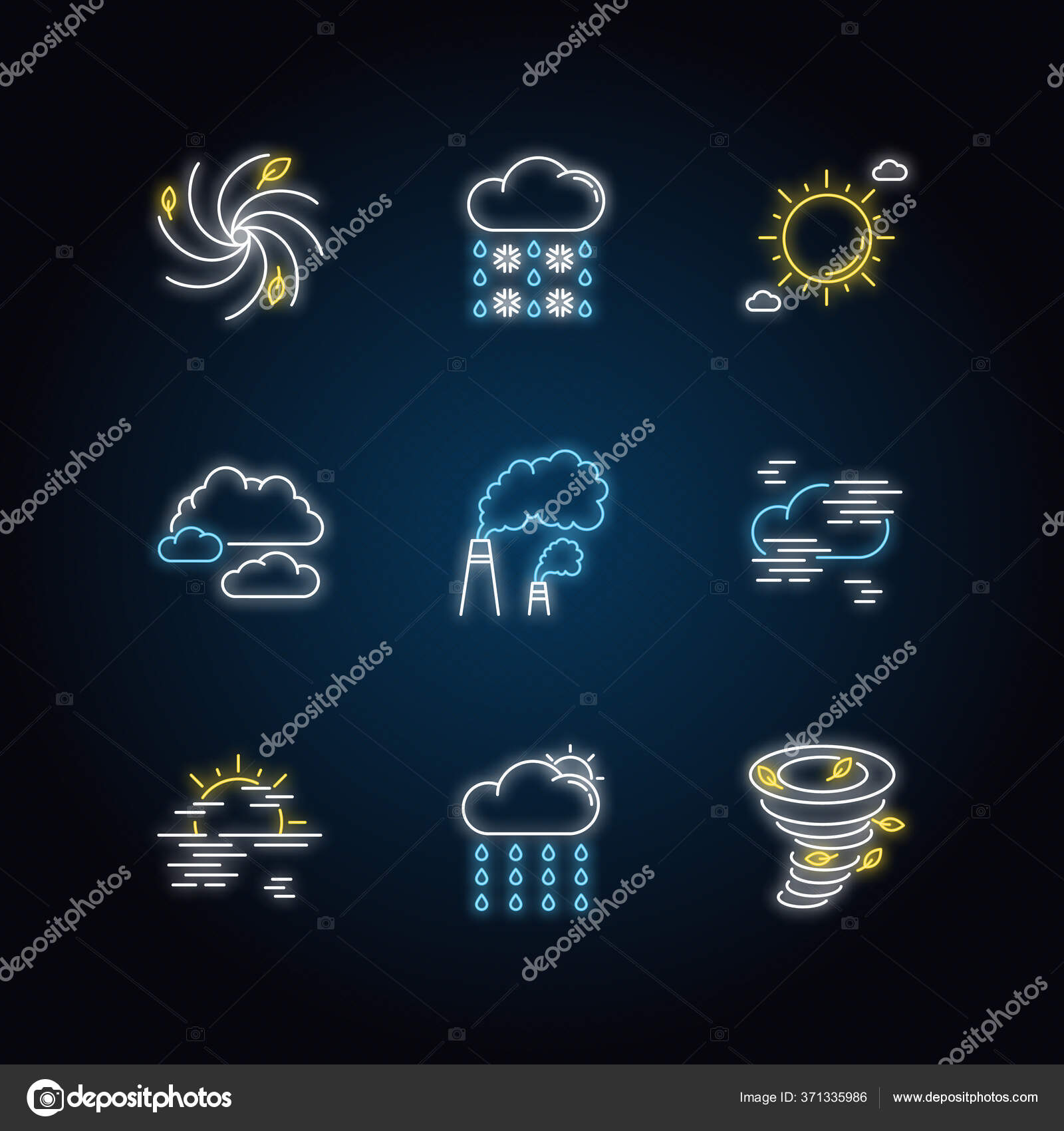 Meteorología Neón Iconos Luz Establecidos Pronóstico Del Tiempo