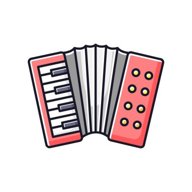 Akordiyon RGB renk simgesi. Halk müziği için klasik müzik aleti. Canlı orkestra performansı. Yanında düğmeler olan klavye tipi bir enstrüman. Hobi ve eğlence. İzole vektör illüstrasyonu