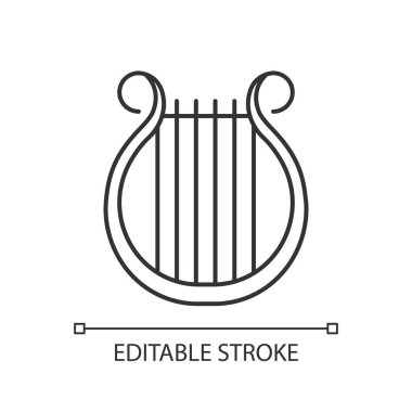 Lyra piksel mükemmel doğrusal simge. Klasik müzik işte. Orkestra müzik aleti. Opera gösterisi. İnce çizgi özelleştirilebilir illüstrasyon. Contour sembolü. Vektör izole çizim. Düzenlenebilir vuruş