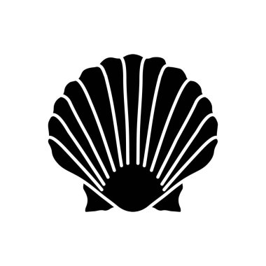 Kabuk kabuğu siyah kabuk simgesi. Egzotik deniz kabuğu, dekoratif deniz kabuğu. Okyanus hatırası, beyaz uzayda konkoloji silueti sembolü. Chlamys imbricatus. İstiridye, istiridye kabuğu vektörü izole çizimler