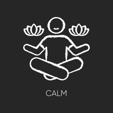 Siyah arkaplanda beyaz tebeşir simgesi. Adam lotus pozisyonunda oturuyor. Akıl sağlığı için meditasyon. Psikolojik refaha konsantre ol. Rahatlamak için yoga. İzole edilmiş vektör karatahta çizimi