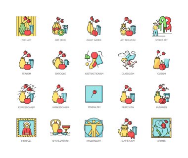 Art movements RGB color icons set. Still life artwork in medieval, modern styles. Impressionism, expressionism and realism painting. Isolated vector illustrations clipart