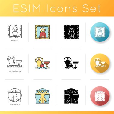 Kültürel hareket simgeleri ayarlandı. Ortaçağ ve Rönesans sanat stilleri. Neoklasisizm hala hayat çizimi. Doğrusal, siyah ve RGB renk stilleri. İzole vektör çizimleri