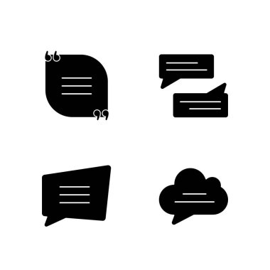 Beyaz uzaya dizilmiş siyah simge simgeleri. Boş grup sohbeti ve geri bildirim kutusu. Boş konuşma baloncukları. Çevrimiçi iletişim ve bilgilendirme. Siluet sembolleri. Vektör izole illüstrasyonu