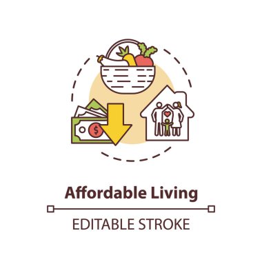 Ucuz konsept ikonu. Konut kirası. Aile evleri. Ev ekonomisi. Gayrimenkul fikri ince çizgi çizimi. Vektör izole edilmiş RGB renk çizimi. Düzenlenebilir vuruş