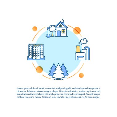 Metinli çevre konsepti simgesi. Şehir sisi ve endüstriyel kirlilik. Köy doğası ve temiz hava. PPT sayfa vektör şablonu. Broşür, dergi, kitapçık tasarım ögesi doğrusal çizimler