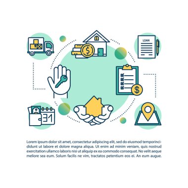 Metinli emlak konsepti simgesi. Mülkünü al ve sat. Ev kredisi. Ev sigortası. PPT sayfa vektör şablonu. Broşür, dergi, kitapçık tasarım ögesi doğrusal çizimler