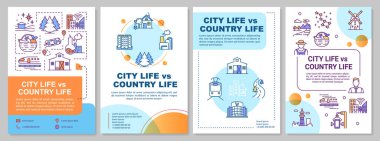 Şehir hayatı, kır hayatı broşürüne karşı. Şehir ve kırsal yaşam tarzı. Broşür, broşür, broşür baskısı, doğrusal simgelerle kaplama tasarımı. Dergiler için vektör planları, yıllık raporlar, reklam posterleri