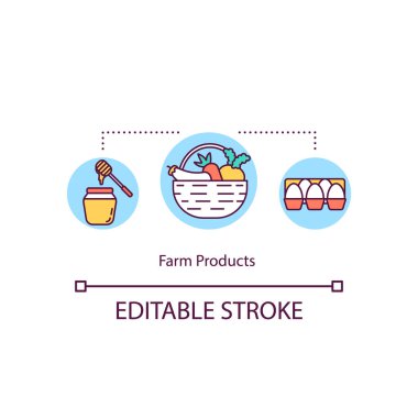 Çiftlik ürünleri konsepti ikonu. Doğal sebze. Taze tavuk yumurtası. Kavanozda bal. Yerel üretim fikri ince çizgi çizimi. Vektör izole edilmiş RGB renk çizimi. Düzenlenebilir vuruş