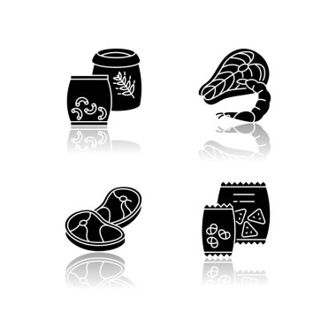 Gıda mağazası kategorileri siyah simge simgelerini düşürür. Pakette makarna. Torbada tahıl var. Makarna ürünleri. Taze deniz ürünleri. Atıştırmalıklar paketlerde. Beyaz uzayda izole vektör çizimleri