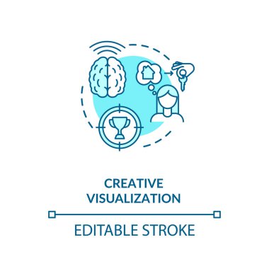 Yaratıcı görselleştirme konsepti simgesi. Kişisel gelişim, hedefler, başarı fikri, ince çizgi çizimi. Olumlu düşünce, çekim yasasını kullanmak. Vektör izole edilmiş RGB renk çizimi. Düzenlenebilir vuruş