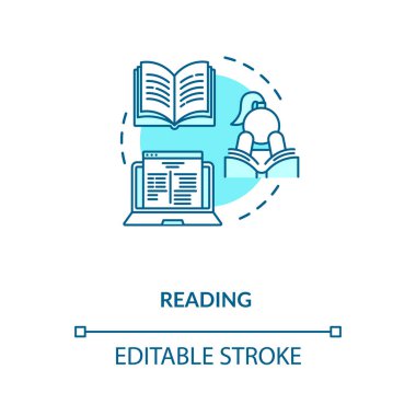 Konsept simgesi okunuyor. Kişisel gelişim, kişisel gelişim fikri ince çizgi çizimi. Edebiyat hobisi, eğitim, entelektüel hobi. Vektör izole edilmiş RGB renk çizimi. Düzenlenebilir vuruş