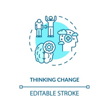 Fikir ikonunu değiştirmeyi düşünüyorum. Kişisel gelişim, duygusal gelişim fikri ince çizgi çizimi. Pozitiflik, bilişsel davranış terapisi. Vektör izole edilmiş RGB renk çizimi. Düzenlenebilir vuruş