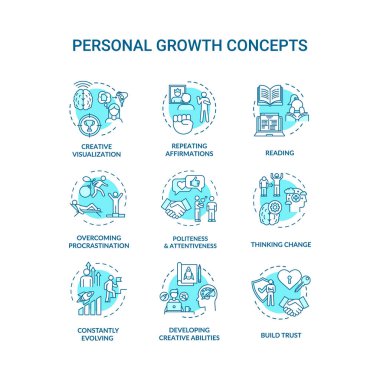 Kişisel büyüme konsepti simgeleri ayarlandı. Kişisel gelişim, hedeflere ulaşma fikri ince çizgi RGB renk çizimleri. Profesyonel ve yaratıcı gelişme. Vektör izole çizimler. Düzenlenebilir vuruş