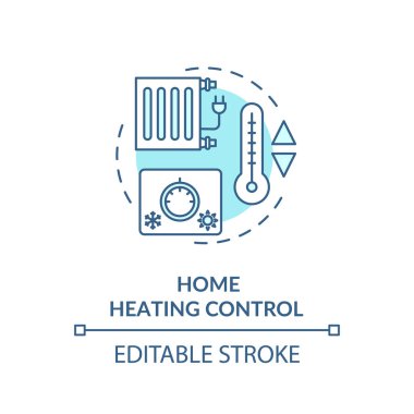 Ev ısıtma kontrol turkuaz konsept simgesi. Ev kliması var. Akıllı ev sistemi. Kaynak tasarrufu fikri ince çizgi çizimi. Vektör izole edilmiş RGB renk çizimi. Düzenlenebilir vuruş