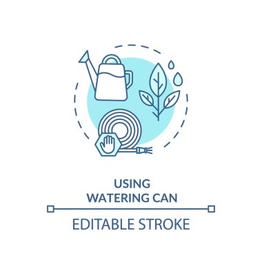 Sulama turkuvaz konsept simgesi kullanılıyor. Çiçek yetiştiren bitkiler. Yeterli malzeme kullanımı. Kaynak tasarrufu fikri ince çizgi çizimi. Vektör izole edilmiş RGB renk çizimi. Düzenlenebilir vuruş