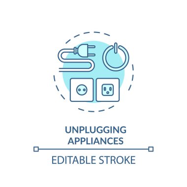 Cihaz turkuaz konsept simgesi sökülüyor. Kablo güvenliği. Yerli elektrik tüketimi. Kaynak tasarrufu fikri ince çizgi çizimi. Vektör izole edilmiş RGB renk çizimi. Düzenlenebilir vuruş