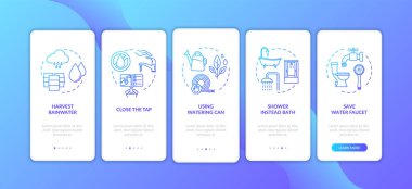 Su tasarrufu ipuçları konseptli mobil uygulama sayfası ekranında. Suyun sürdürülebilir tüketim geçişi beş aşamalı grafik talimatlar. RGB renk resimleriyle UI vektör şablonu