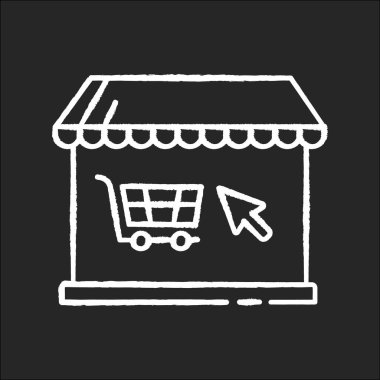 Çevrimiçi mağaza tebeşiri beyaz simgesi siyah arkaplanda. Mallar ve yiyecekler için internet mağazası. E ticaret ve perakende. Akıllı modern alışveriş. Market alışverişi. İzole edilmiş vektör karatahta çizimi
