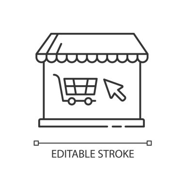 Çevrimiçi mağaza pikseli mükemmel doğrusal simge. Mallar ve yiyecekler için internet mağazası. E ticaret ve perakende. İnce çizgi özelleştirilebilir illüstrasyon. Contour sembolü. Vektör izole çizim. Düzenlenebilir vuruş