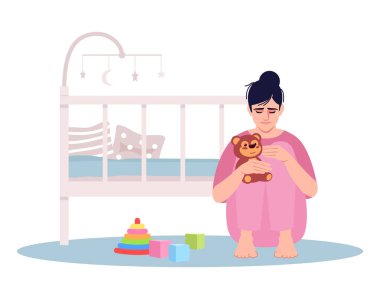 Ağlayan genç anne yarı düz RGB renk çizimi. Kadın, beyaz arka planda karikatür karakterini kaybetmiş. Doğum sonrası depresyon, duygusal stres. Bebek kaybı, yas tutan ebeveyn