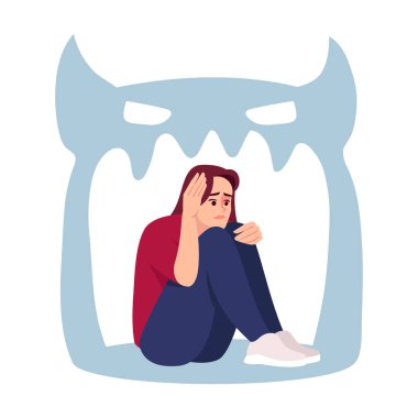 Psikoz yarı düz RGB renk çizimi olan bir kız. Depresyondaki kadın beyaz arka planda karikatür karakteri tarafından izole edilmiş. Psikolojik stres, psikiyatrik bozukluk