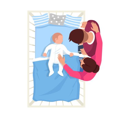 Ebeveyn saati bebek uykusu yarı düz RGB renk çizimi. Beyaz, yeni doğmuş bir bebek. Anne ve baba ve bebek. Beyaz arkaplanda aile izole çizgi film karakterleri üst görünümü