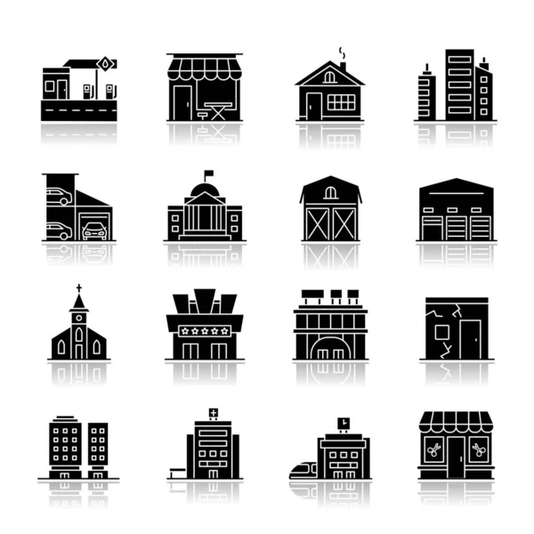 Edificios Industriales Dejan Caer Sombra Iconos Glifo Negro Conjunto Rascacielos — Vector de stock