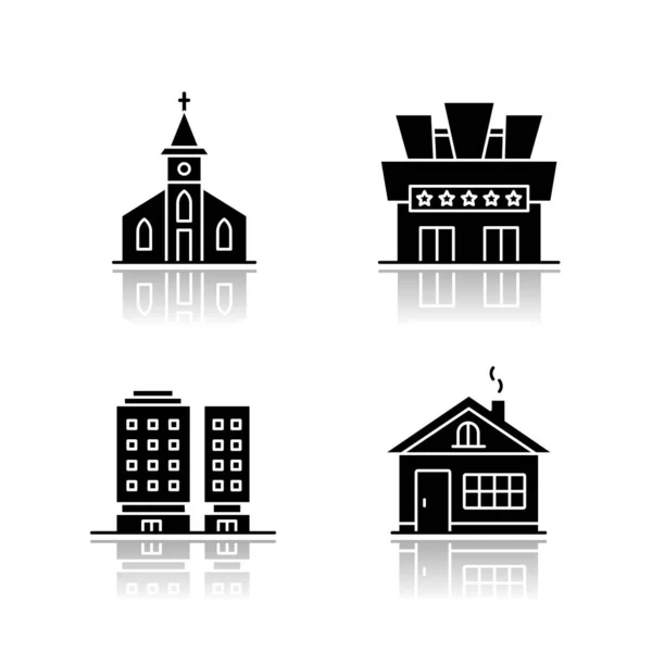 Městské Budovy Shazovat Stínové Černé Glyfy Ikony Nastavit Městský Kostel — Stockový vektor