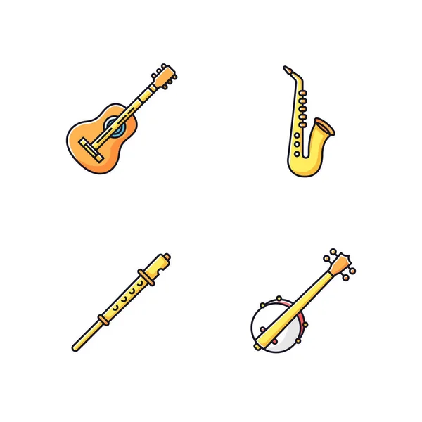 Orchestral Musical Instruments Rgb Color Icons Set Acoustic Guitar Banjo — Stock Vector