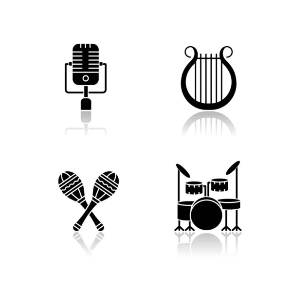 Los Instrumentos Musicales Banda Dejan Caer Iconos Glifo Negro Sombra — Vector de stock