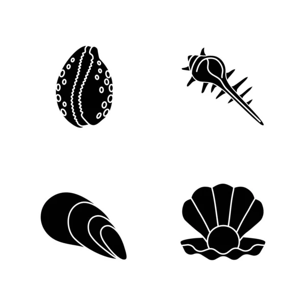 Diferentes Conchas Marinas Iconos Glifo Negro Establecidos Espacio Blanco Colección — Vector de stock