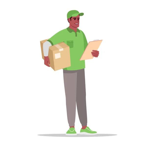 半フラットRgbカラーベクトルイラストをご確認ください 郵便配達人はクリップボードと段ボールを持ってる 男性アフリカの宅配便で緑の制服孤立した漫画のキャラクター上の白い背景 — ストックベクタ