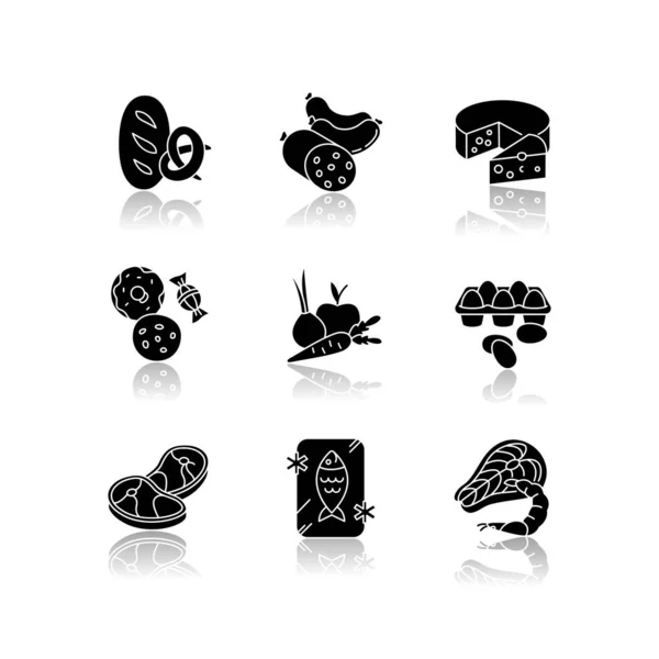 Grocery Food Drop Shadow Black Glyph Icons Set Bread Loaf — Stock Vector