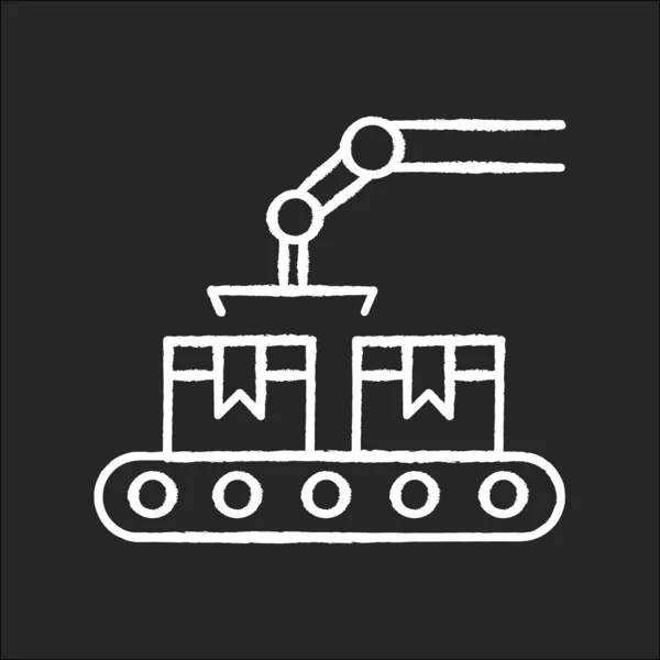 Productie Krijt Wit Pictogram Zwarte Achtergrond Transportband Met Dozen Automatische — Stockvector