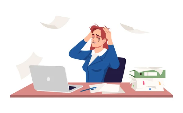 Crying Businesswoman Semi Flat Rgb Color Vector Illustration Overworked Woman — Stock Vector