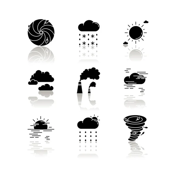 Meteorologie Drop Schaduw Zwarte Glyph Pictogrammen Ingesteld Weersvoorspelling Wetenschap Omgevingscondities — Stockvector