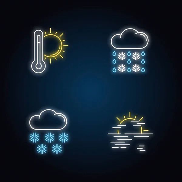 Temperature Precipitation Forecast Neon Light Icons Set Seasonal Weather Prediction — Stock Vector